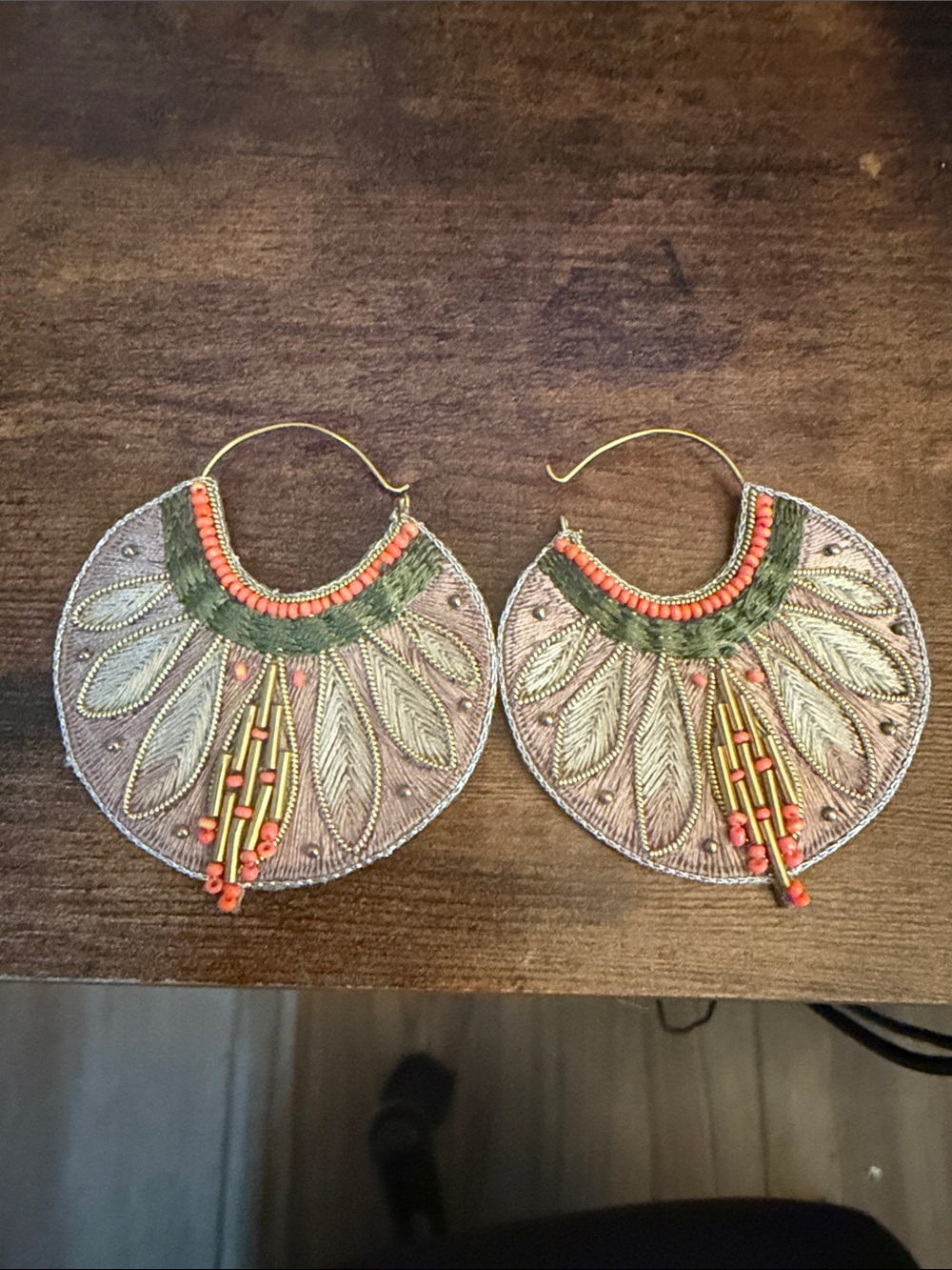 Handcrafted Green and Coral Boho Hoop Earrings